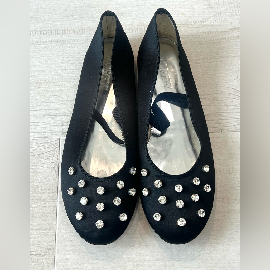 J Crew Collection Zoe Black Satin Ballet Flats Crystal Jewels Size 10.5